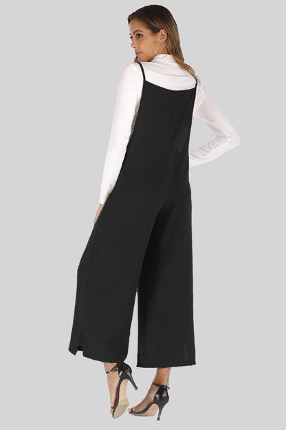 Full Size Cropped Wide Leg Overalls with Pockets - SteelBlue