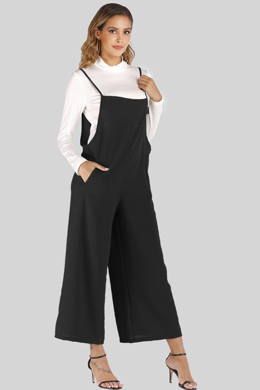 Full Size Cropped Wide Leg Overalls with Pockets - SteelBlue