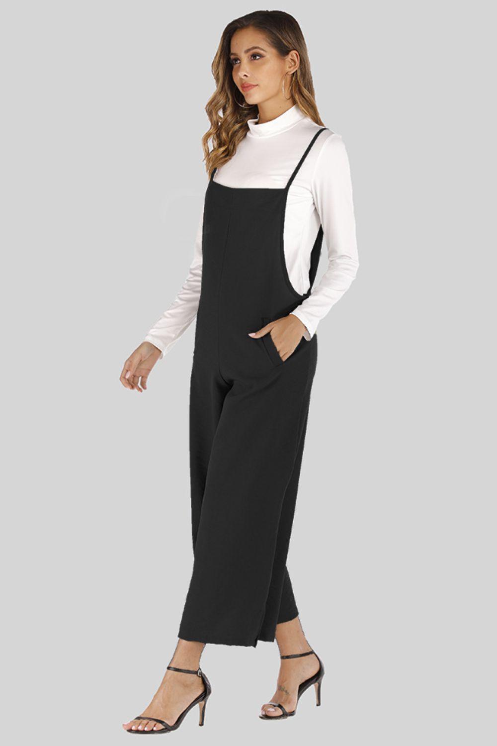 Full Size Cropped Wide Leg Overalls with Pockets - SteelBlue