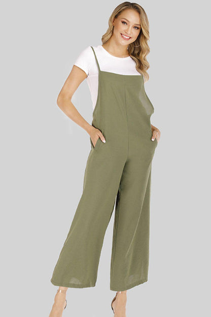 Full Size Cropped Wide Leg Overalls with Pockets - SteelBlue