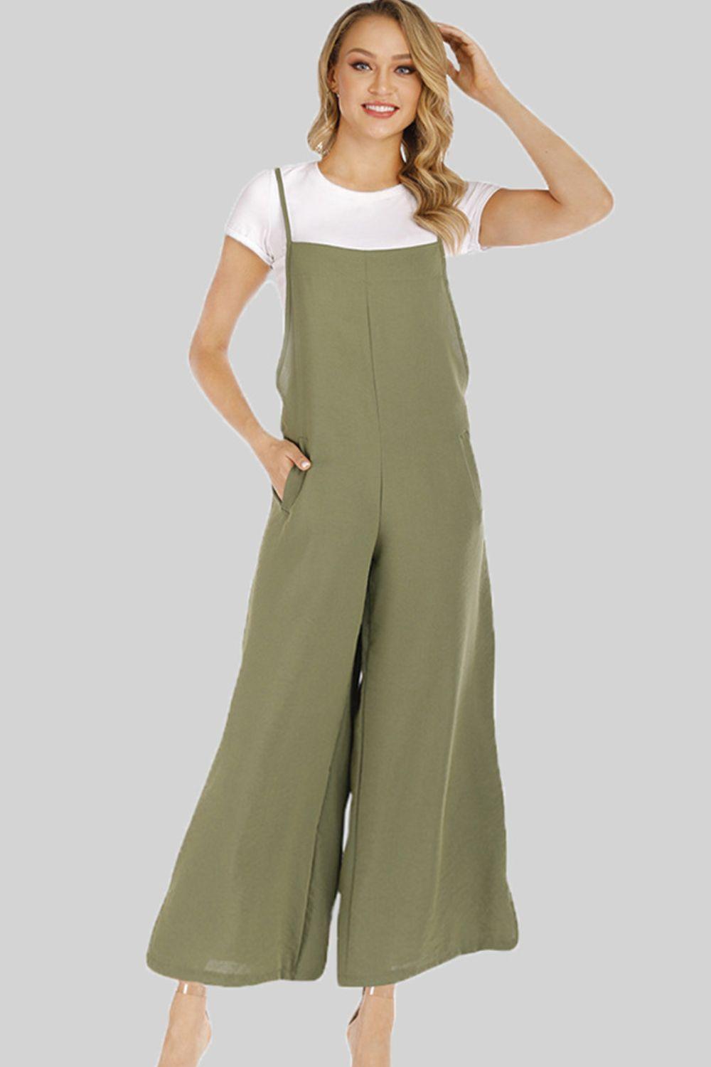 Full Size Cropped Wide Leg Overalls with Pockets - SteelBlue