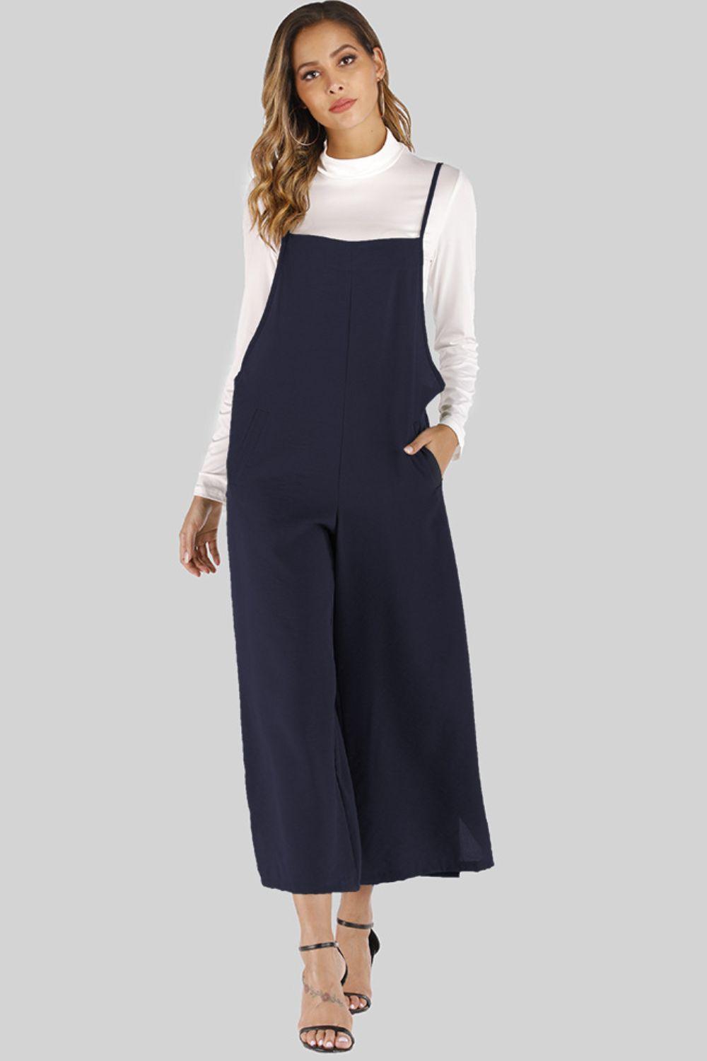 Full Size Cropped Wide Leg Overalls with Pockets - SteelBlue