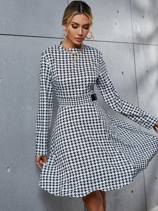 Houndstooth Round Neck Dress - SteelBlue