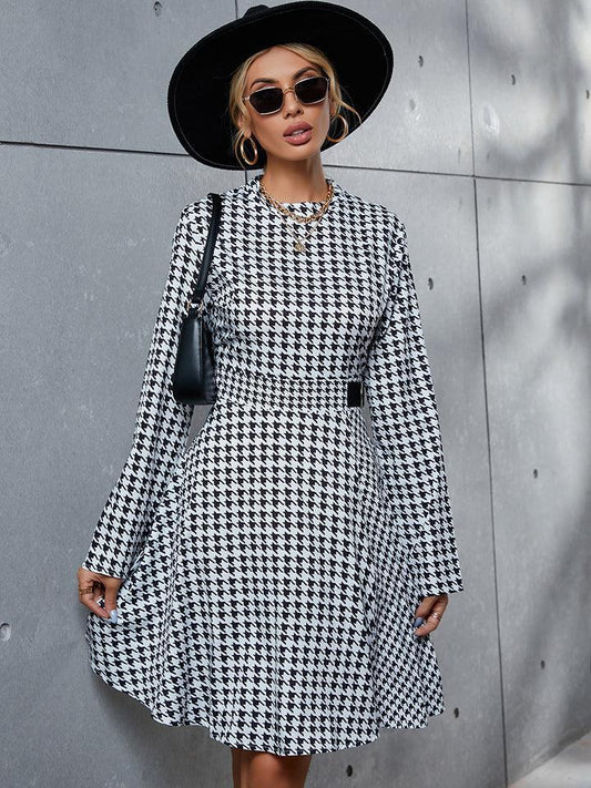 Houndstooth Round Neck Dress - SteelBlue