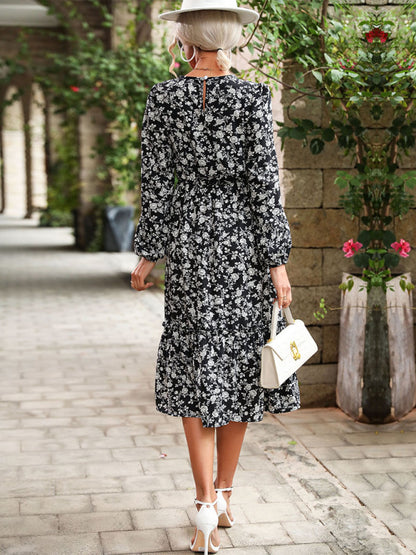 Women's Temperament Long-Sleeved Black Floral Dress