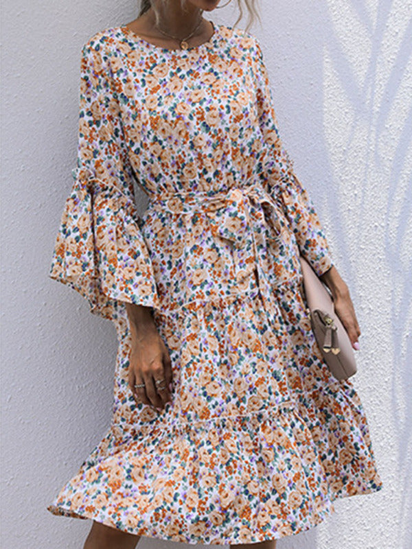 Print Line Long -Sleeved Floral Dress