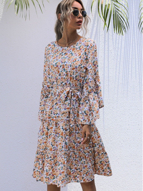 Print Line Long -Sleeved Floral Dress