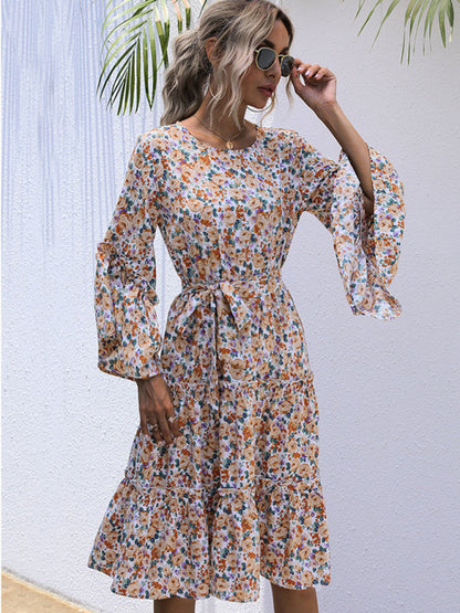 Print Line Long -Sleeved Floral Dress