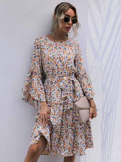 Print Line Long -Sleeved Floral Dress