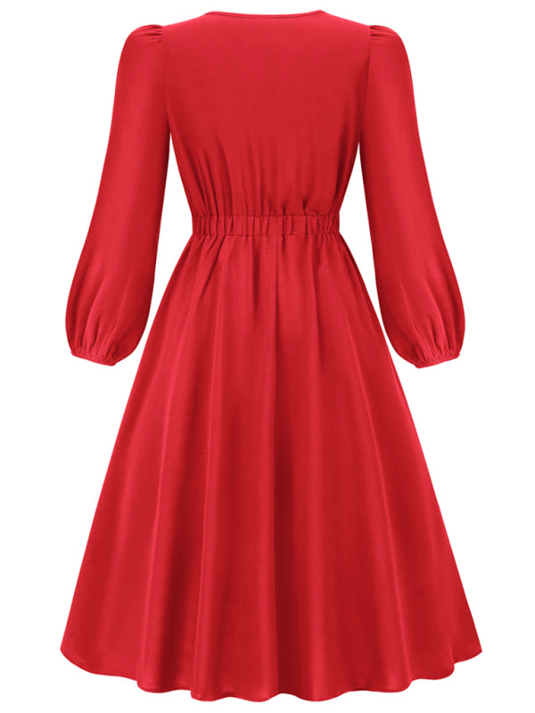 Women's Round Neck Bow A-Line Mid-Length Dress