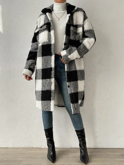 Open Buckle Lapel Plush Plaid Long Coat