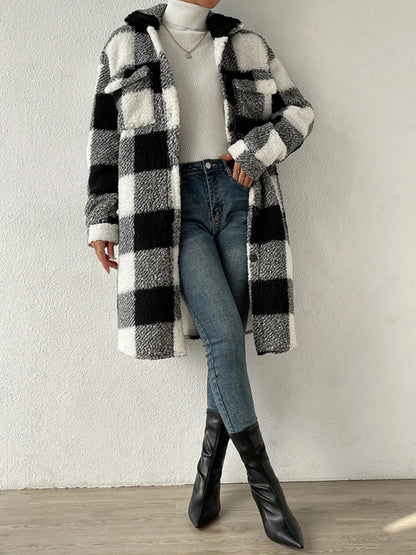 Open Buckle Lapel Plush Plaid Long Coat