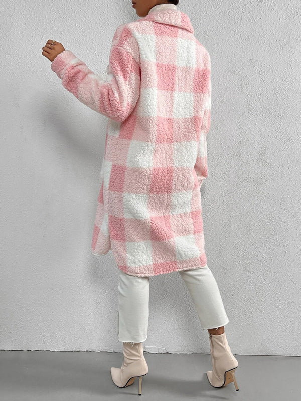 Open Buckle Lapel Plush Plaid Long Coat