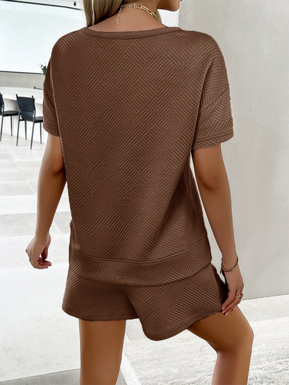 Solid Color Knitted Crew Neck Top and Shorts Two-Piece Set