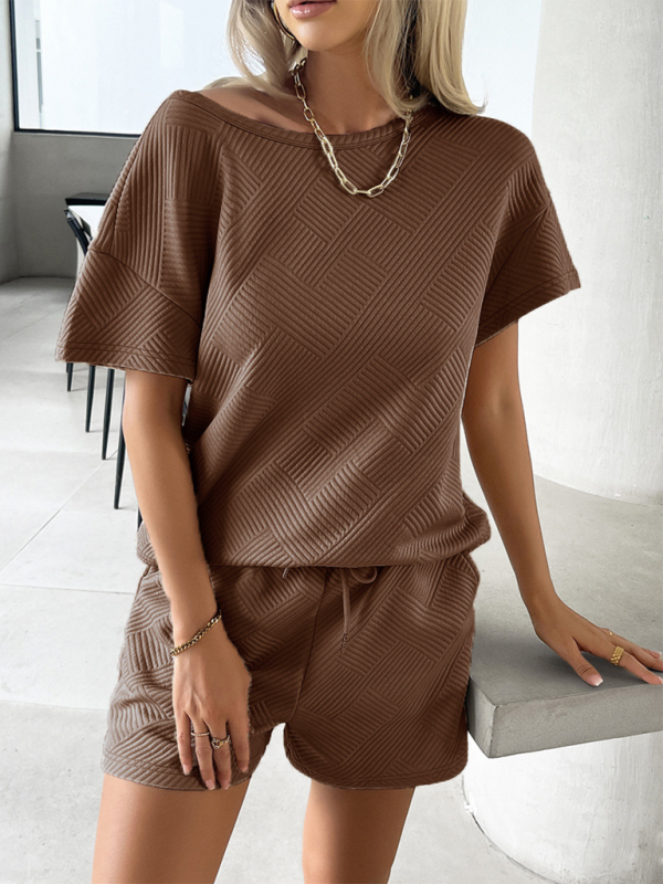 Solid Color Knitted Crew Neck Top and Shorts Two-Piece Set