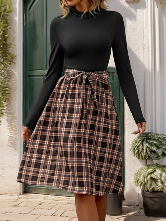 Stand-Up Collar Slim Fit Elegant Plaid Splicing Dress