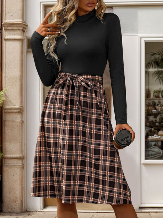 Stand-Up Collar Slim Fit Elegant Plaid Splicing Dress