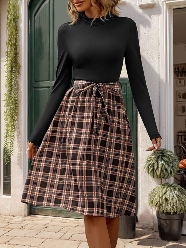 Stand-Up Collar Slim Fit Elegant Plaid Splicing Dress