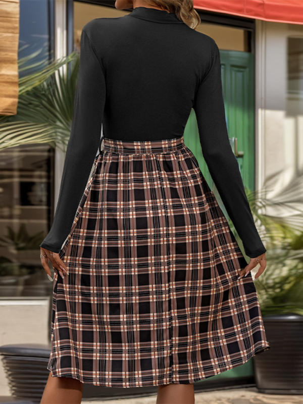 Stand-Up Collar Slim Fit Elegant Plaid Splicing Dress