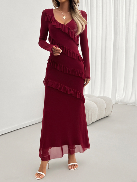 Long-Sleeved Temperament Mesh V-Neck Dress