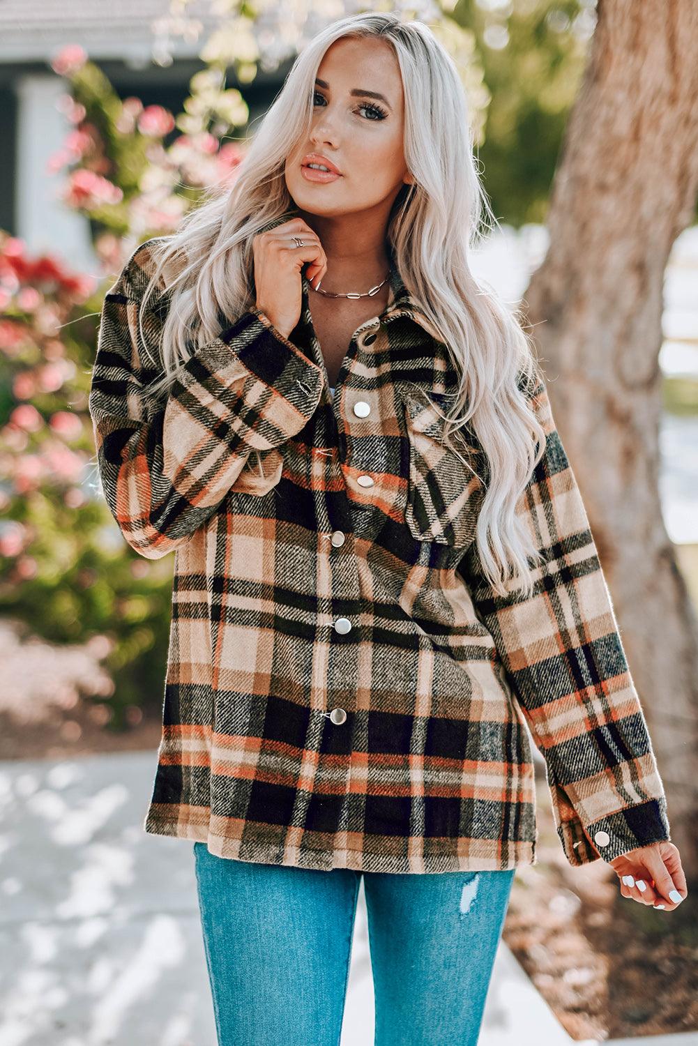 Plaid Button Front Shirt Jacket with Breast Pockets - SteelBlue