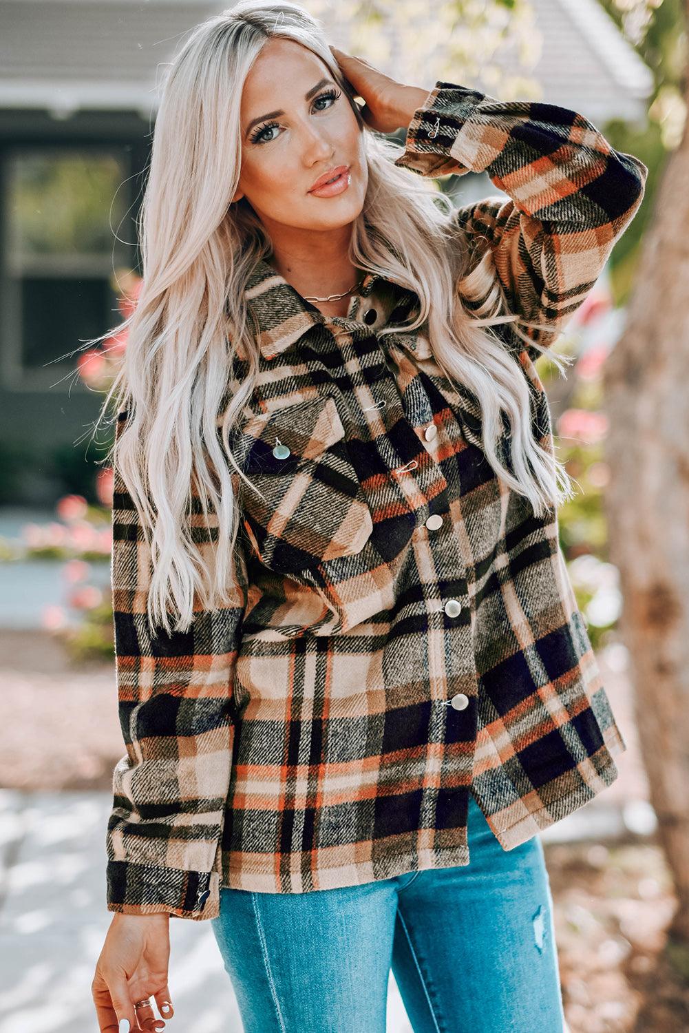 Plaid Button Front Shirt Jacket with Breast Pockets - SteelBlue