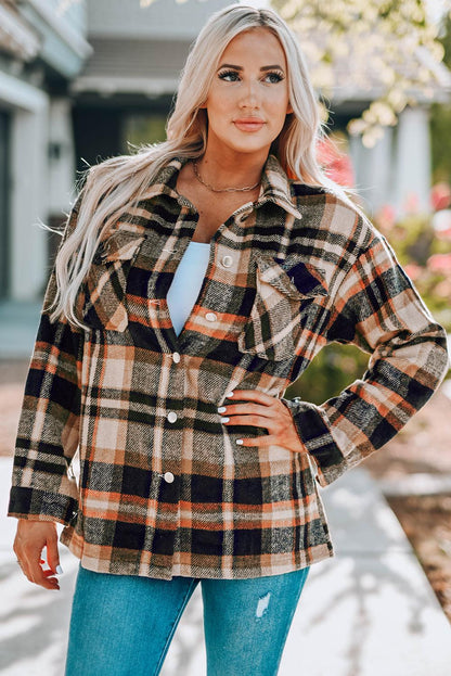 Plaid Button Front Shirt Jacket with Breast Pockets - SteelBlue