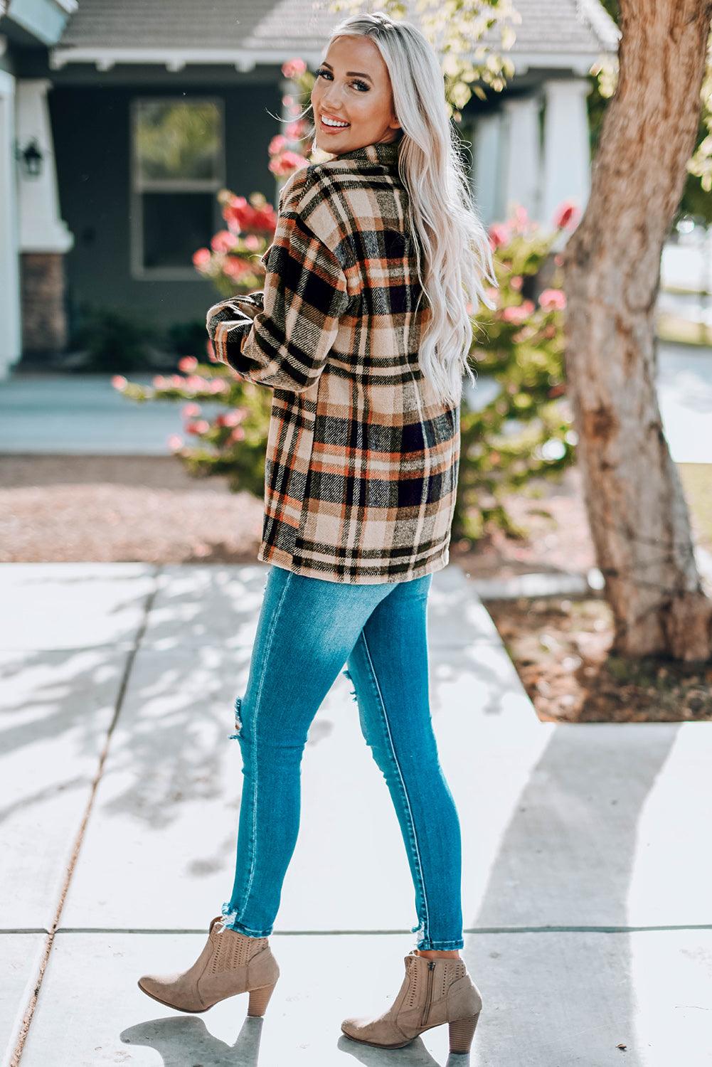 Plaid Button Front Shirt Jacket with Breast Pockets - SteelBlue