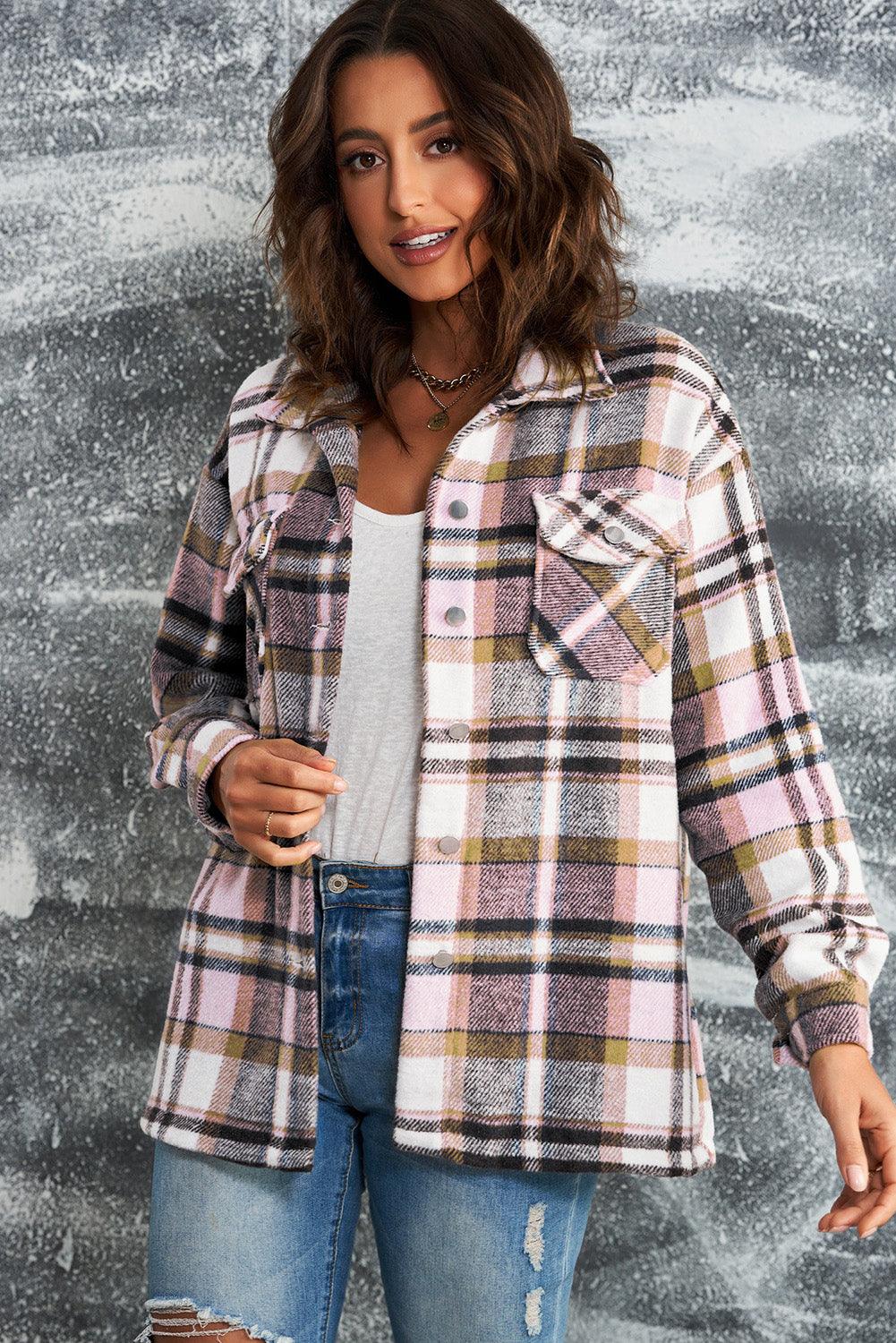 Plaid Button Front Shirt Jacket with Breast Pockets - SteelBlue