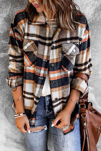 Plaid Button Front Shirt Jacket with Breast Pockets - SteelBlue