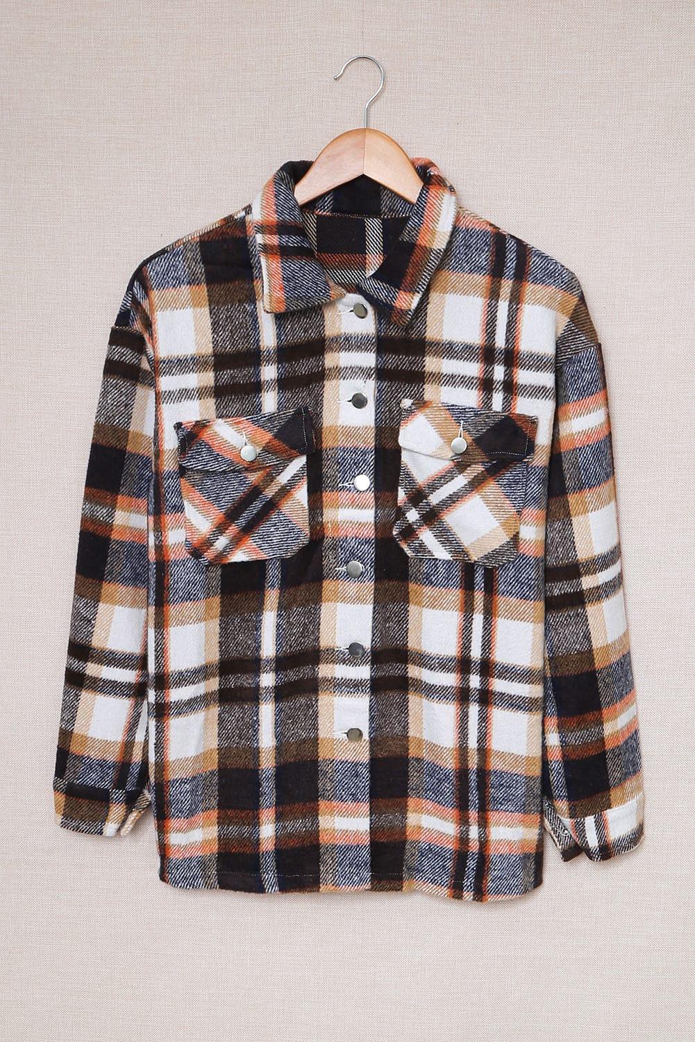 Plaid Button Front Shirt Jacket with Breast Pockets - SteelBlue