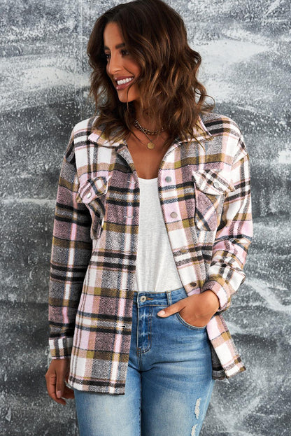 Plaid Button Front Shirt Jacket with Breast Pockets - SteelBlue