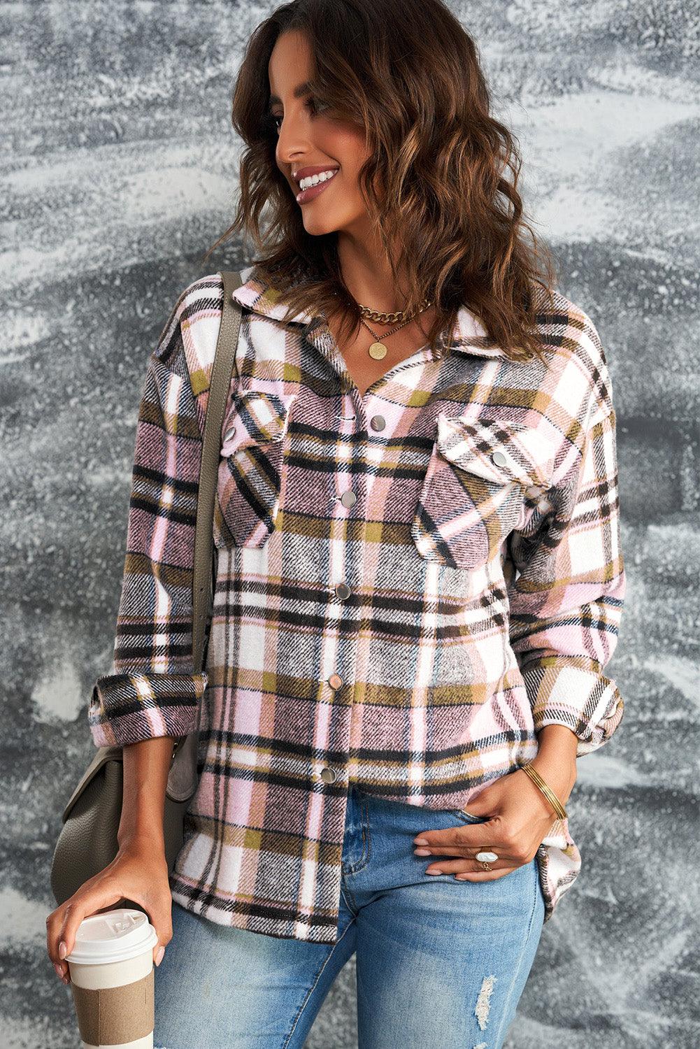 Plaid Button Front Shirt Jacket with Breast Pockets - SteelBlue