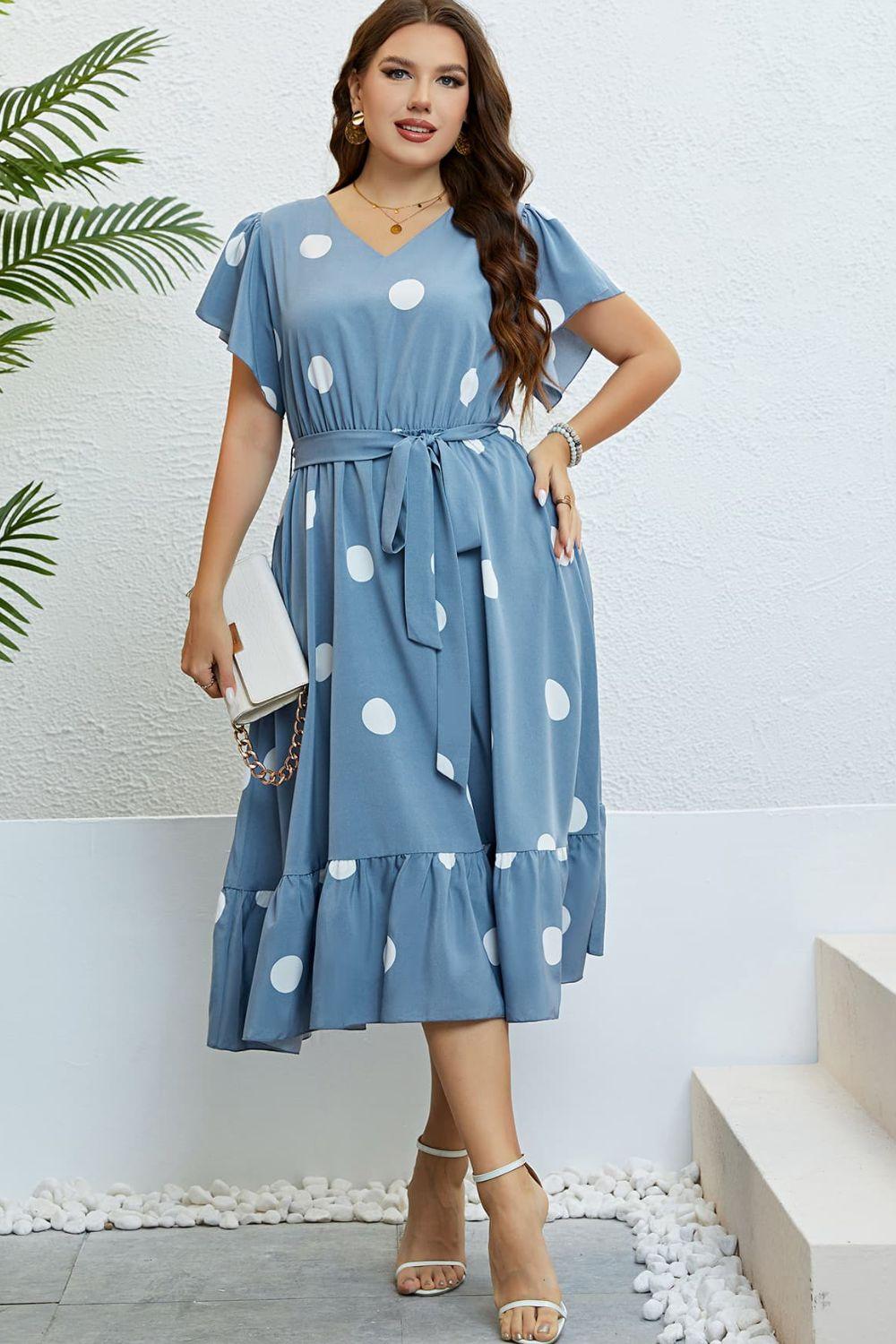 Polka Dot Belted Flutter Sleeve Ruffle Hem Dress - SteelBlue