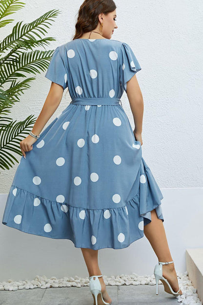 Polka Dot Belted Flutter Sleeve Ruffle Hem Dress - SteelBlue