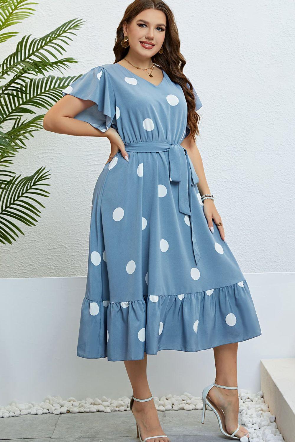 Polka Dot Belted Flutter Sleeve Ruffle Hem Dress - SteelBlue