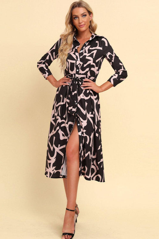 Printed Button Front Belted Midi Dress - SteelBlue