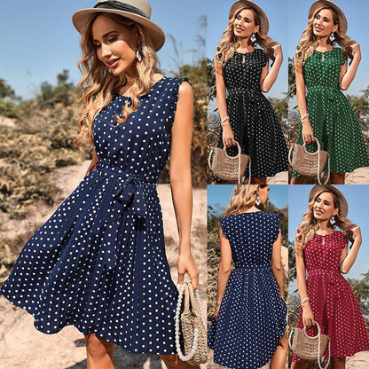 Women's Sleeveless Pleated Casual Polka Dot Dress - SteelBlue