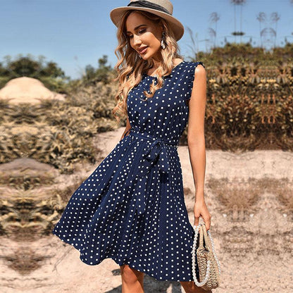 Sleeveless Pleated Polka Dot Dress - SteelBlue