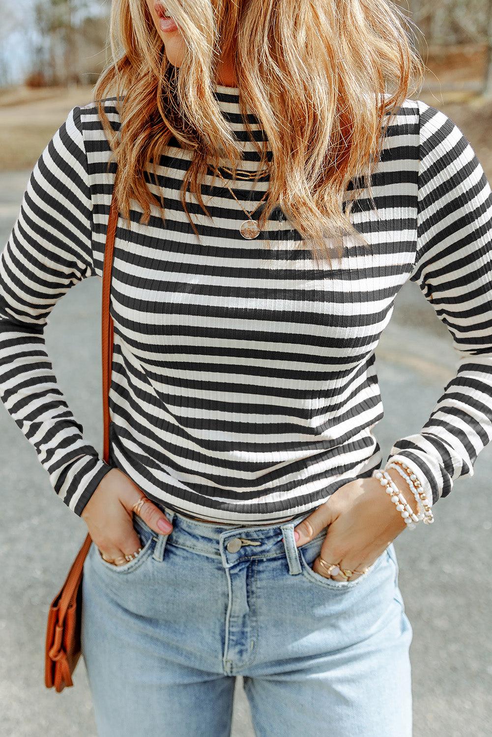 Striped Mock Neck Long Sleeve Top - SteelBlue & Co.