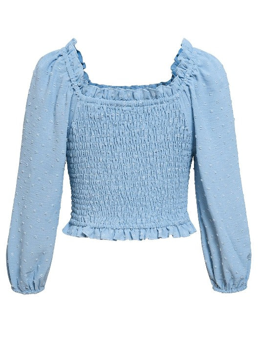 Swiss Dot Smocked Frill Trim Blouse - SteelBlue