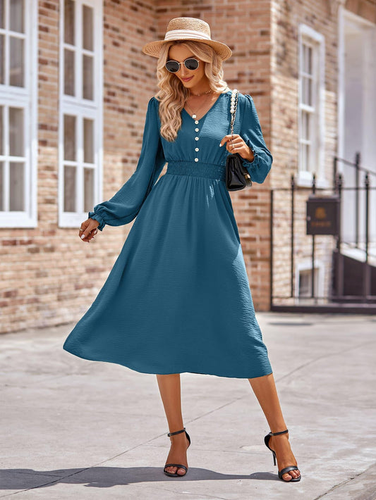 V-Neck Flounce Sleeve Midi Dress - SteelBlue & Co.