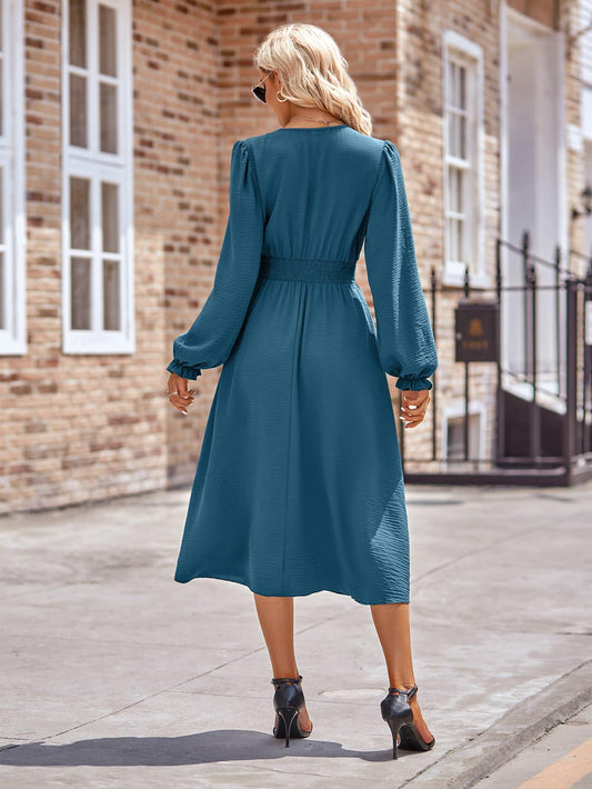 V-Neck Flounce Sleeve Midi Dress - SteelBlue & Co.