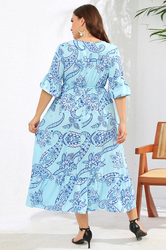 Full Size V-Neck Flounce Sleeve Midi Dress - SteelBlue