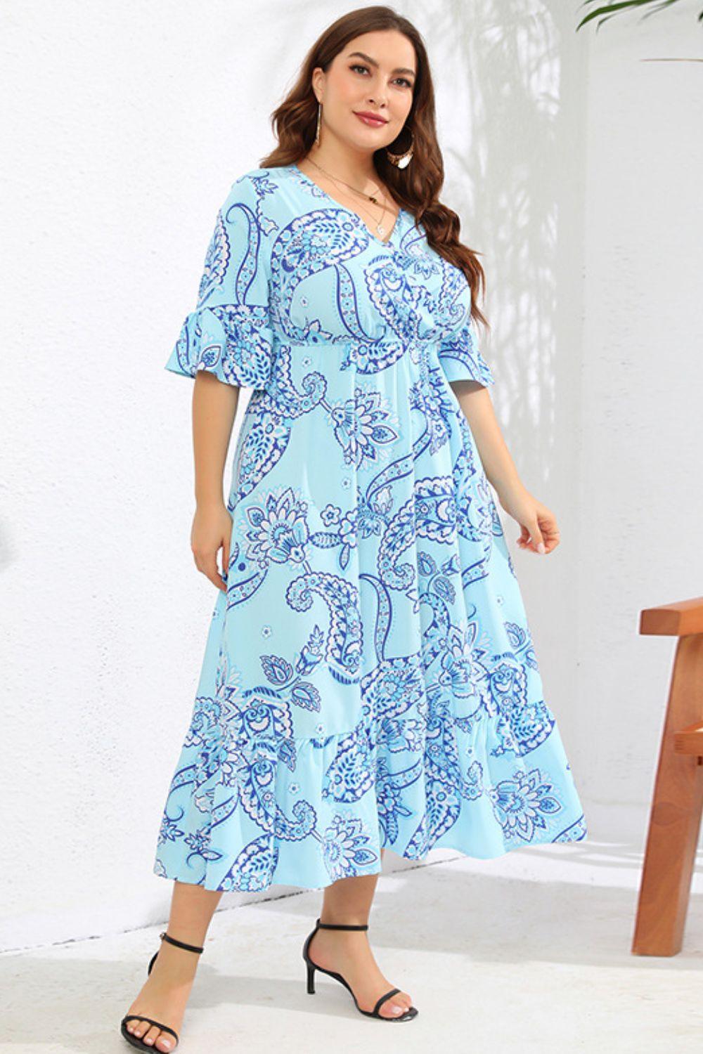 Full Size V-Neck Flounce Sleeve Midi Dress - SteelBlue