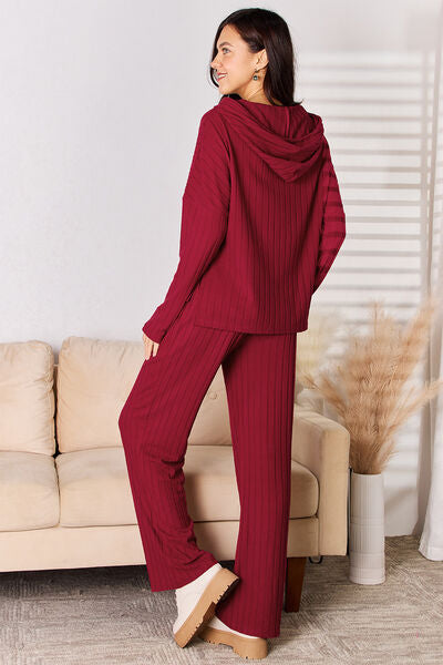  Ribbed Hood Top and Straight Pants Set