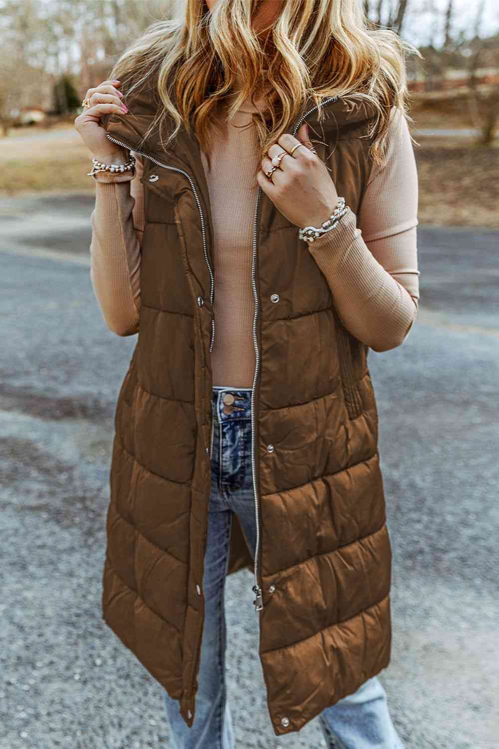 Longline Hooded Sleeveless Puffer Vest