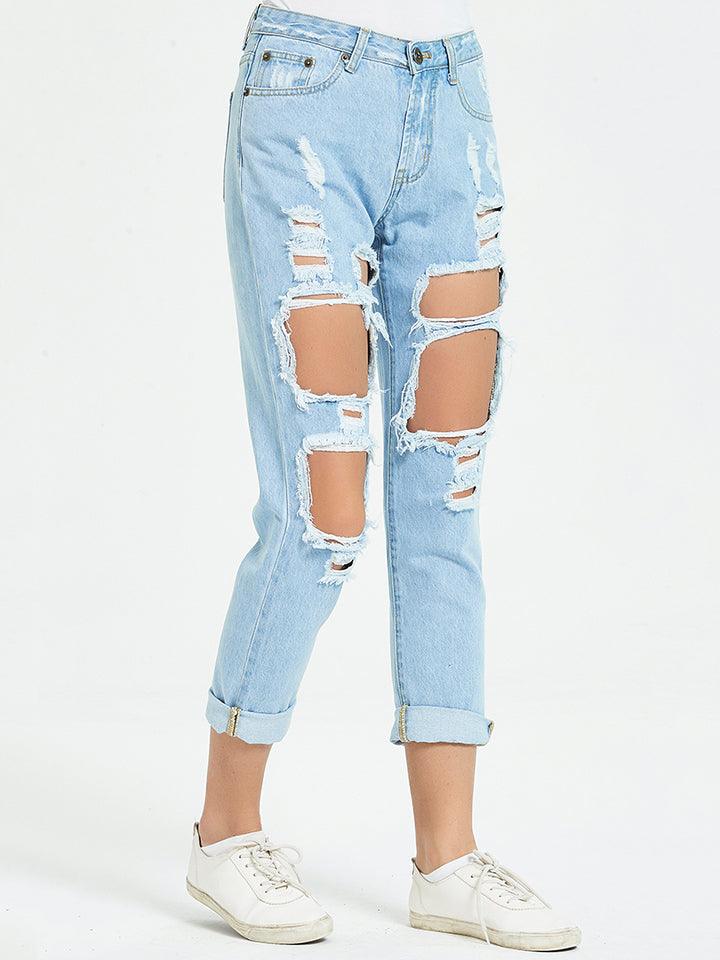 Buttoned Distressed Cropped Jeans - SteelBlue