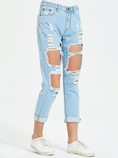 Buttoned Distressed Cropped Jeans - SteelBlue