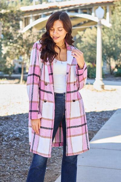 Double Take Full Size Plaid Button Up Lapel Collar Coat - SteelBlue & Co.